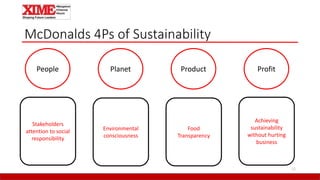 McDonalds 4Ps of Sustainability
11
PlanetPeople Product Profit
Stakeholders
attention to social
responsibility
Achieving
sustainability
without hurting
business
Environmental
consciousness
Food
Transparency
 