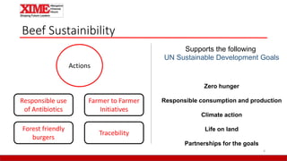 Beef Sustainibility
4
Actions
Responsible use
of Antibiotics
Forest friendly
burgers
Farmer to Farmer
Initiatives
Tracebility
Supports the following
UN Sustainable Development Goals
Zero hunger
Responsible consumption and production
Climate action
Life on land
Partnerships for the goals
 