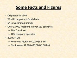 Some Facts and Figures
• Originated in 1940.
• World’s largest fast food chain.
• 6th in world’s top brands.
• Over 32,000 locations in over 120 countries
   – 80% franchises
   – 20% company operated
• 2010 3rd Qtr
   – Revenues $6,304,900,000 (6.3 Bn)
   – Net Income $1,388,400,000 (1.38 Bn)
 