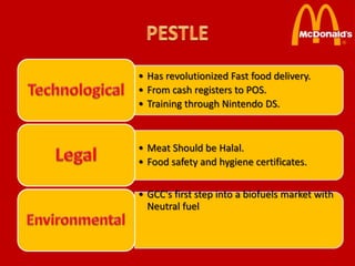 • Has revolutionized Fast food delivery.
• From cash registers to POS.
• Training through Nintendo DS.



• Meat Should be Halal.
• Food safety and hygiene certificates.


• GCC's first step into a biofuels market with
  Neutral fuel
 
