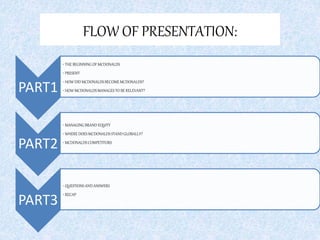 FLOW OF PRESENTATION:
PART1
• THE BEGINNING OF MCDONALDS
• PRESENT
• HOW DID MCDONALDSBECOME MCDONALDS?
• HOW MCDONALDSMANAGES TO BE RELEVANT?
PART2
• MANAGING BRAND EQUITY
• WHERE DOES MCDONALDSSTAND GLOBALLY?
• MCDONALDSCOMPETITORS
PART3
• QUESTIONSAND ANSWERS
• RECAP
 