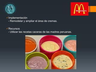 Implementación
- Remodelar y ampliar el área de cremas.
Recursos
- Utilizar las recetas caceras de las madres peruanas.
 