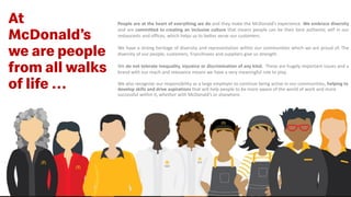 At
McDonald’s
we are people
from all walks
of life …
People are at the heart of everything we do and they make the McDonald’s experience. We embrace diversity
and are committed to creating an inclusive culture that means people can be their best authentic self in our
restaurants and offices, which helps us to better serve our customers.
We have a strong heritage of diversity and representation within our communities which we are proud of. The
diversity of our people, customers, Franchisees and suppliers give us strength.
We do not tolerate inequality, injustice or discrimination of any kind. These are hugely important issues and a
brand with our reach and relevance means we have a very meaningful role to play.
We also recognise our responsibility as a large employer to continue being active in our communities, helping to
develop skills and drive aspirations that will help people to be more aware of the world of work and more
successful within it, whether with McDonald’s or elsewhere.
 