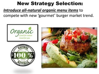 New Strategy Selection:
Introduce all-natural organic menu items to
compete with new ‘gourmet’ burger market trend.
 