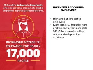 INCENTIVES TO YOUNG
EMPLOYEES
• High school at zero cost to
employees
• More than 5200 graduates from
english under Arches since 2007
• $13 Million+ awarded in Hign
school and college tution
assistance
 