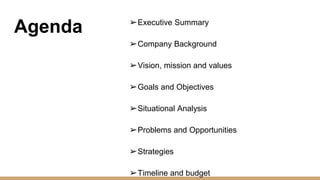 Agenda ➢Executive Summary
➢Company Background
➢Vision, mission and values
➢Goals and Objectives
➢Situational Analysis
➢Problems and Opportunities
➢Strategies
➢Timeline and budget
 