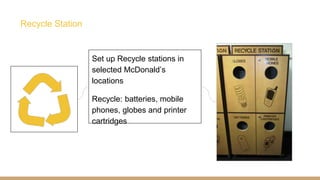 Set up Recycle stations in
selected McDonald’s
locations
Recycle: batteries, mobile
phones, globes and printer
cartridges
Recycle Station
 