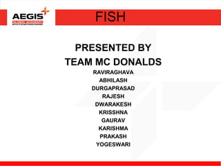 FISH

  PRESENTED BY
TEAM MC DONALDS
    RAVIRAGHAVA
      ABHILASH
    DURGAPRASAD
       RAJESH
     DWARAKESH
      KRISSHNA
       GAURAV
      KARISHMA
      PRAKASH
     YOGESWARI
 