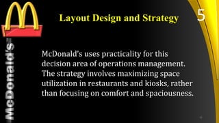 TM
Layout Design and Strategy
McDonald’s uses practicality for this
decision area of operations management.
The strategy involves maximizing space
utilization in restaurants and kiosks, rather
than focusing on comfort and spaciousness.
5
21
 