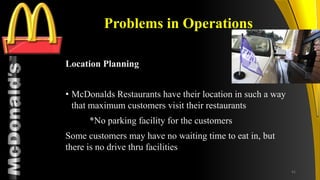 TM
Problems in Operations
Location Planning
• McDonalds Restaurants have their location in such a way
that maximum customers visit their restaurants
*No parking facility for the customers
Some customers may have no waiting time to eat in, but
there is no drive thru facilities
41
 