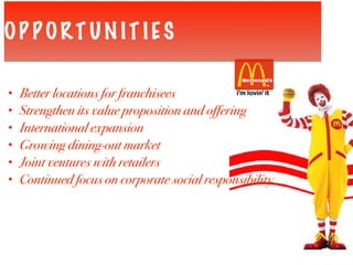 OP P ORT UN IT IES
• Better locations for franchisees
• Strengthen its value proposition and offering
• International expansion
• Growing dining-out market
• Joint ventures with retailers
• Continued focus on corporate social responsibility
 