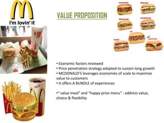 VALUE PROPOSITION




• Economic factors reviewed
• Price penetration strategy adopted to sustain long growth
• MCDONALD’S leverages economies of scale to maximize
value to customers
• It offers A BUNDLE of experiences

•“ value meal” and “happy price menu” : address value,
choice & flexibility
 