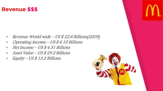 • Revenue World wide – US $ 22.6 Billions(2009)
• Operating Income – US $ 6.15 Billions
• Net Income – US $ 4.31 Billions
• Asset Value – US $ 29.2 Billions
• Equity – US $ 13.2 Billions
Revenue $$$
 