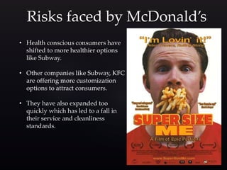 Risks faced by McDonald’s
• Health conscious consumers have
shifted to more healthier options
like Subway.
• Other companies like Subway, KFC
are offering more customization
options to attract consumers.
• They have also expanded too
quickly which has led to a fall in
their service and cleanliness
standards.
 
