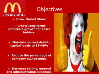 Objectives
 Grow Market Share

 Create long-terms
profitable growth for share
holders.
 Maintain current debt-to
capital levels to 35-40%

 Reduce the percentage of
company owned units.
 Decrease selling, general
and administration expenses.

 