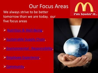 Our Focus Areas
We always strive to be better
tomorrow than we are today. our
five focus areas
 Nutrition & Well-Being,
Sustainable Supply Chain,
Environmental Responsibility,
Employee Experience,

Community.

 