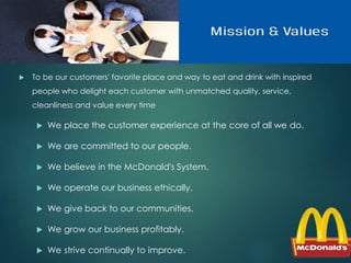  To be our customers' favorite place and way to eat and drink with inspired 
people who delight each customer with unmatched quality, service, 
cleanliness and value every time 
 We place the customer experience at the core of all we do. 
 We are committed to our people. 
 We believe in the McDonald's System. 
 We operate our business ethically. 
 We give back to our communities. 
 We grow our business profitably. 
 We strive continually to improve. 
 