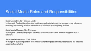 Social Media Roles and Responsibilities
Social Media Director - Miranda Leedy
In charge of: Final publish of content, making sure all criteria is met that appeals to our followers -
ultimately the deciding factor on what can be published due to budgetary reasons
Social Media Manager: Alex Thompson
In charge of: Creating campaigns, following up with important dates and how it appeals to our
followers
Social Media Coordinator: Zack Walker
In charge of: publishing content once finalized, monitoring social media presence and our followers
response to marketing
 