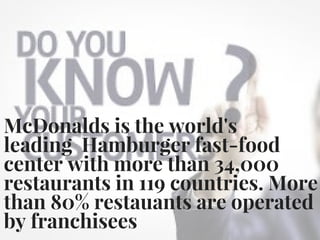 McDonalds is the world's 
leading  Hamburger fast-food
center with more than 34,000
restaurants in 119 countries. More
than 80% restauants are operated
by franchisees 
 