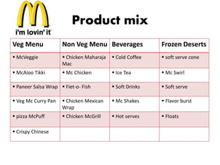 Product mix 
Veg Menu Non Veg Menu Beverages Frozen Deserts 
 McVeggie  Chicken Maharaja 
Mac 
 Cold Coffee  soft serve cone 
 McAloo Tikki  Mc Chicken  Ice Tea  Mc Swirl 
 Paneer Salsa Wrap  Fiet-o- Fish  Soft Drinks  Soft serve 
 Veg Mc Curry Pan  Chicken Mexican 
Wrap 
 Mc Shakes  Flavor burst 
 pizza McPuff  Chicken McGrill  Hot serves  Floats 
 Crispy Chinese 
 
