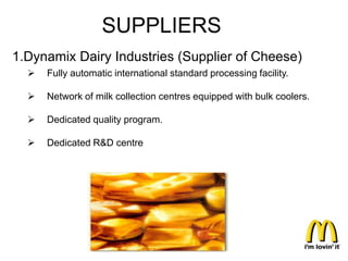 SUPPLIERS
1.Dynamix Dairy Industries (Supplier of Cheese)
     Fully automatic international standard processing facility.

     Network of milk collection centres equipped with bulk coolers.

     Dedicated quality program.

     Dedicated R&D centre
 