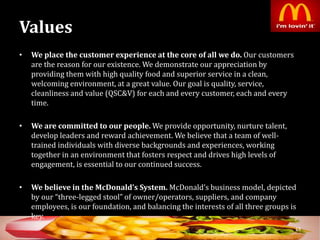 Values
• We place the customer experience at the core of all we do. Our customers
are the reason for our existence. We demonstrate our appreciation by
providing them with high quality food and superior service in a clean,
welcoming environment, at a great value. Our goal is quality, service,
cleanliness and value (QSC&V) for each and every customer, each and every
time.
• We are committed to our people. We provide opportunity, nurture talent,
develop leaders and reward achievement. We believe that a team of well-
trained individuals with diverse backgrounds and experiences, working
together in an environment that fosters respect and drives high levels of
engagement, is essential to our continued success.
• We believe in the McDonald’s System. McDonald’s business model, depicted
by our “three-legged stool” of owner/operators, suppliers, and company
employees, is our foundation, and balancing the interests of all three groups is
key.
19
 