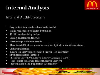 Internal Analysis
Internal Audit-Strength
• Largest fast food market share in the world
• Brand recognition valued at $40 billion
• $2 billion advertising budget
• Locally adapted food menus
• Partnerships with best brands
• More than 80% of restaurants are owned by independent franchisees
• Children targeting
• Strong Global Presence (located in over- 100 countries)
• Strong Real Estate Portfolio
• Revenue Growth 9% (Above Industry Average of 7.5%)
• The Ronald McDonald House (Children Charity)
• Systemization and Duplication (Consistency)
37
 
