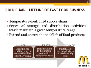 COLD CHAIN – LIFELINE OF FAST FOOD BUSINESS
• Temperature controlled supply chain
• Series of storage and distribution activities
which maintain a given temperature range
• Extend and ensure the shelf life of food products
Locked in pre-
cooling room to
remove field heat
after harvesting
Transportation
to distribution
centers in
refrigerated vans
McDonald’s
store products to
be used on daily
basis
2o c 1 to 4 o c -18 to 4 o c
12
 