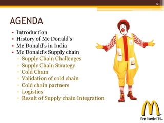 AGENDA
• Introduction
• History of Mc Donald’s
• Mc Donald’s in India
• Mc Donald’s Supply chain
▫ Supply Chain Challenges
▫ Supply Chain Strategy
▫ Cold Chain
▫ Validation of cold chain
▫ Cold chain partners
▫ Logistics
▫ Result of Supply chain Integration
2
 