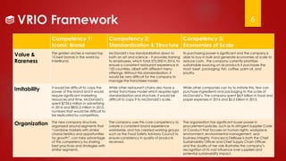 VRIO Framework 6
Competency 1:
Iconic Brand
Competency 2:
Standardization & Structure
Competency 3:
Economies of Scale
Value &
Rareness
The golden arches is named top
15 best brands in the world by
InterBrand.
McDonald’s has standardization down to
both an art and science – it provides training
to employees, which total 375,000 in 2016, to
ensure a consistent restaurant experience in
120 countries, albeit with different menu
offerings. Without this standardization, it
would be very difficult for the company to
manage the franchisee model.
Its purchasing power is significant and the company is
able to buy in bulk and generate economies of scale to
reduce costs. The company currently prioritizes
sustainable sourcing on six products it purchases the
most: beef, packaging, fish, coffee, palm oil, and
poultry.
Imitability It would be difficult to copy the
power of the brand and it would
require significant marketing
resources and time. McDonald’s
spent $734.6 million in advertising
in 2016 and $832.5 million in 2015,
numbers that would be difficult to
be replicated by competitors.
While other restaurant chains also have a
similar franchisee model which requires rigid
standardization and structure, it would be
difficult to copy it to McDonald’s scale.
While other companies can try to imitate this, few can
purchase ingredients and packaging to the scale of
McDonald’s. The company spent $4.9 billion in food and
paper expenses in 2016 and $5.5 billion in 2015.
Organization The new company structure,
organized around segments that
“combine markets with similar
characteristics and opportunities
for growth”, can take advantage
of this competency by sharing
best practices and strategies with
similar segments.
The company uses this core competency to
create a consistent brand experience
worldwide, and has created working groups
such as the Food Safety Advisory Council to
ensure consistency in quality of products
received.
The organization has significant buyer power in
procurement policies, such as its stringent Supplier Code
of Conduct that focuses on human rights, workplace
environment, environmental management, and
business integrity. Francesca DeBiase is both the Chief
Sustainability Officer and Chief Supply Chain Officer,
and the duality of her role illustrates the company’s
recognition of its vast influence over suppliers and
potential sustainability impact.
 