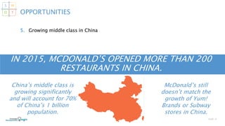 5. Growing middle class in China
SLIDE | 9
IN 2015, MCDONALD’S OPENED MORE THAN 200
RESTAURANTS IN CHINA.
OPPORTUNITIES
S W
O T
McDonald’s still
doesn’t match the
growth of Yum!
Brands or Subway
stores in China.
China’s middle class is
growing significantly
and will account for 70%
of China’s 1 billion
population.
 