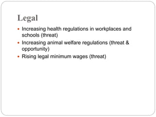 Legal
 Increasing health regulations in workplaces and
schools (threat)
 Increasing animal welfare regulations (threat &
opportunity)
 Rising legal minimum wages (threat)
 