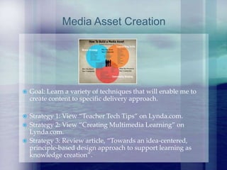  Goal: Learn a variety of techniques that will enable me to
create content to specific delivery approach.
 Strategy 1: View “Teacher Tech Tips” on Lynda.com.
 Strategy 2: View “Creating Multimedia Learning” on
Lynda.com.
 Strategy 3: Review article, “Towards an idea-centered,
principle-based design approach to support learning as
knowledge creation”.
Media Asset Creation
 