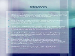  Sugar, W. (2014). Development and formative evaluation of multimedia case studies for
Instructional Design and Technology students. Techtrends: Linking Research & Practice
To Improve Learning, 58(5), 36-52. doi:10.1007/s11528-014-0785-z
 Höhne, G., & Henkel, V. (2004). Application of multimedia in engineering design
education. European Journal Of Engineering Education, 29(1), 87-96.
doi:10.1080/0304379032000129278
 Carter, C. (2012). Instructional Audio Guidelines: Four Design Principles to Consider
for Every Instructional Audio Design Effort. Techtrends: Linking Research & Practice
To Improve Learning, 56(6), 54-58. doi:10.1007/s11528-012-0615-z
 Naftaliev, E., & Yerushalmy, M. (2013). Guiding Explorations: Design Principles and
Functions of Interactive Diagrams. Computers In The Schools, 30(1/2), 61-75.
doi:10.1080/07380569.2013.769084
 Hwang, G., Hung, C., & Chen, N. (2014). Improving learning achievements,
motivations and problem-solving skills through a peer assessment-based game
development approach. Educational Technology Research & Development, 62(2), 129-
145. doi:10.1007/s11423-013-9320-7
 LINDENBERG, S. (2014). Finding the Right LMS Fit. T+D, 68(4), 28-30.
References
 