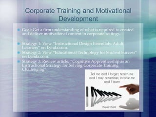  Goal: Get a firm understanding of what is required to created
and deliver motivational content in corporate settings.
 Strategy 1: View “Instructional Design Essentials: Adult
Learners” on Lynda.com.
 Strategy 2: View “Educational Technology for Student Success”
on Lynda.com.
 Strategy 3: Review article, “Cognitive Apprenticeship as an
Instructional Strategy for Solving Corporate Training
Challenging”.
Corporate Training and Motivational
Development
 