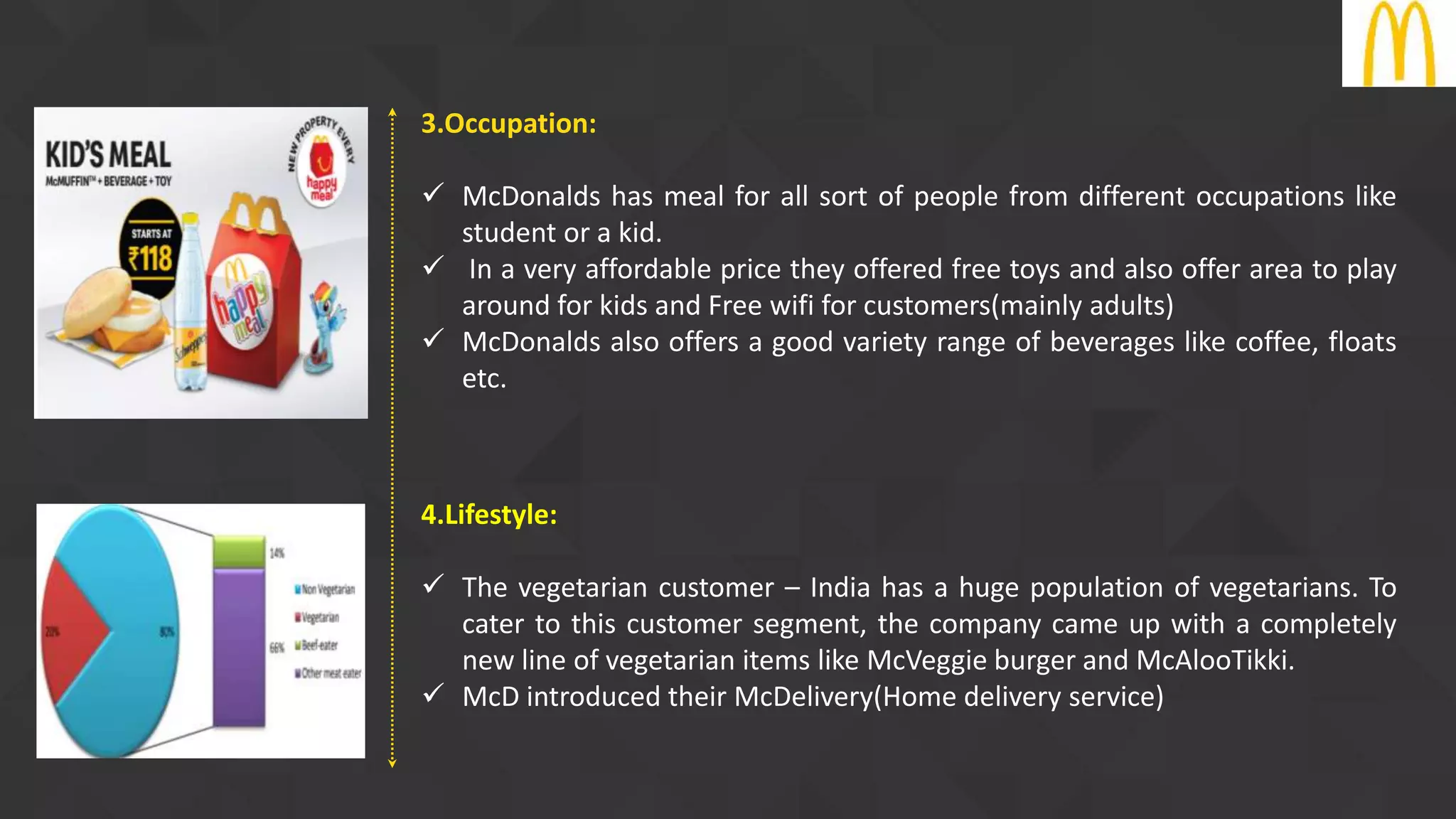 3.Occupation:
 McDonalds has meal for all sort of people from different occupations like
student or a kid.
 In a very affordable price they offered free toys and also offer area to play
around for kids and Free wifi for customers(mainly adults)
 McDonalds also offers a good variety range of beverages like coffee, floats
etc.
4.Lifestyle:
 The vegetarian customer – India has a huge population of vegetarians. To
cater to this customer segment, the company came up with a completely
new line of vegetarian items like McVeggie burger and McAlooTikki.
 McD introduced their McDelivery(Home delivery service)
 