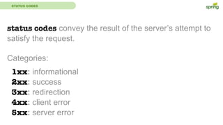 STATUS CODES
status codes convey the result of the server’s attempt to
satisfy the request.
Categories:
1xx: informational
2xx: success
3xx: redirection
4xx: client error
5xx: server error
 