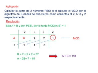 Aplicación
Calcular la suma de 2 números PESI si al calcular el MCD por el
algoritmo de Euclides se obtuvieron como cocientes el 2; 5; 3 y 2
respectivamente.
Resolución
Sea A > B y son PESI, por lo tanto MCD(A; B) = 1
A B
352 2
1
1 0
27
27
MCD
B = 7 x 5 + 2 = 37
A = 2B+ 7 = 81
A + B = 118
 