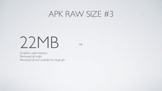 22MB vs
APK RAW SIZE #3
Graphics optimizations
Removed all mdpi
Removed all but xxxhdpi for large gfx
 