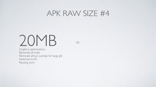 20MB vs
APK RAW SIZE #4
Graphics optimizations
Removed all mdpi
Removed all but xxxhdpi for large gfx 
Switched toVD
Reusing icons
 