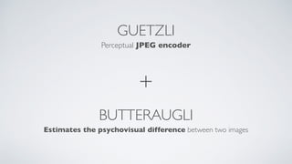 GUETZLI
Perceptual JPEG encoder
+
BUTTERAUGLI
Estimates the psychovisual difference between two images
 