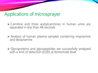 Applications of microsprayer
 Carnitine and three acetylcarnitines in human urine are
separated in less than 48 seconds
 Analysis of human plasma samples containing imipramine
and desipramine
 Glycoproteins and glycopeptides are successfully analyzed
with a limit of detection (LOD) at femtomole level
 