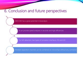 6. Conclusion and future perspectives
MCE–MS has a great potential in bioanalysis
It can provide speed analyses in seconds and high efficiencies
For MS detection, two types of ionization interfaces, ESI and LDI
Multiple separation channels can be combined on microchips without any connector
 