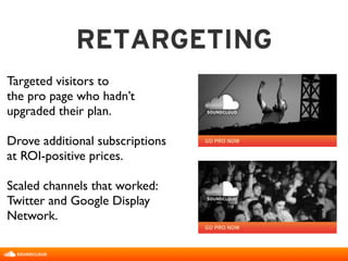 RETARGETING

Targeted visitors to
the pro page who hadn’t
upgraded their plan.
Drove additional subscriptions
at ROI-positive prices.
Scaled channels that worked:
Twitter and Google Display
Network.
 