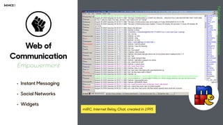 Web of
Communication
Empowerment
• Instant Messaging 
• Social Networks 
• Widgets
mIRC, Internet Relay Chat, created in 1995
 