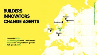 BUILDERS 
INNOVATORS 
CHANGE AGENTS
• Founded in 2000
• 200+ employees from 18 countries
• 8th year in a row profitable growth
• YOY growth 30%
 