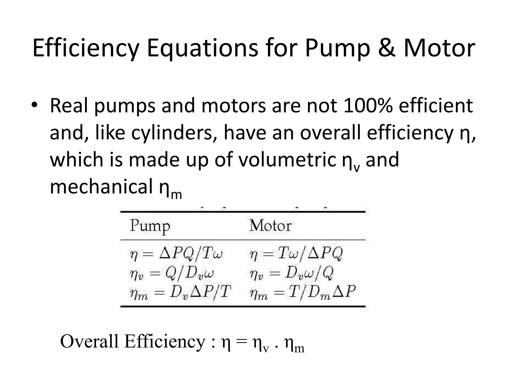 Efficiency Equations for Pump & Motor
• Real pumps and motors are not 100% efficient
and, like cylinders, have an overall efficiency η,
which is made up of volumetric ηv and
mechanical ηm
Overall Efficiency : η = ηv . ηm
 