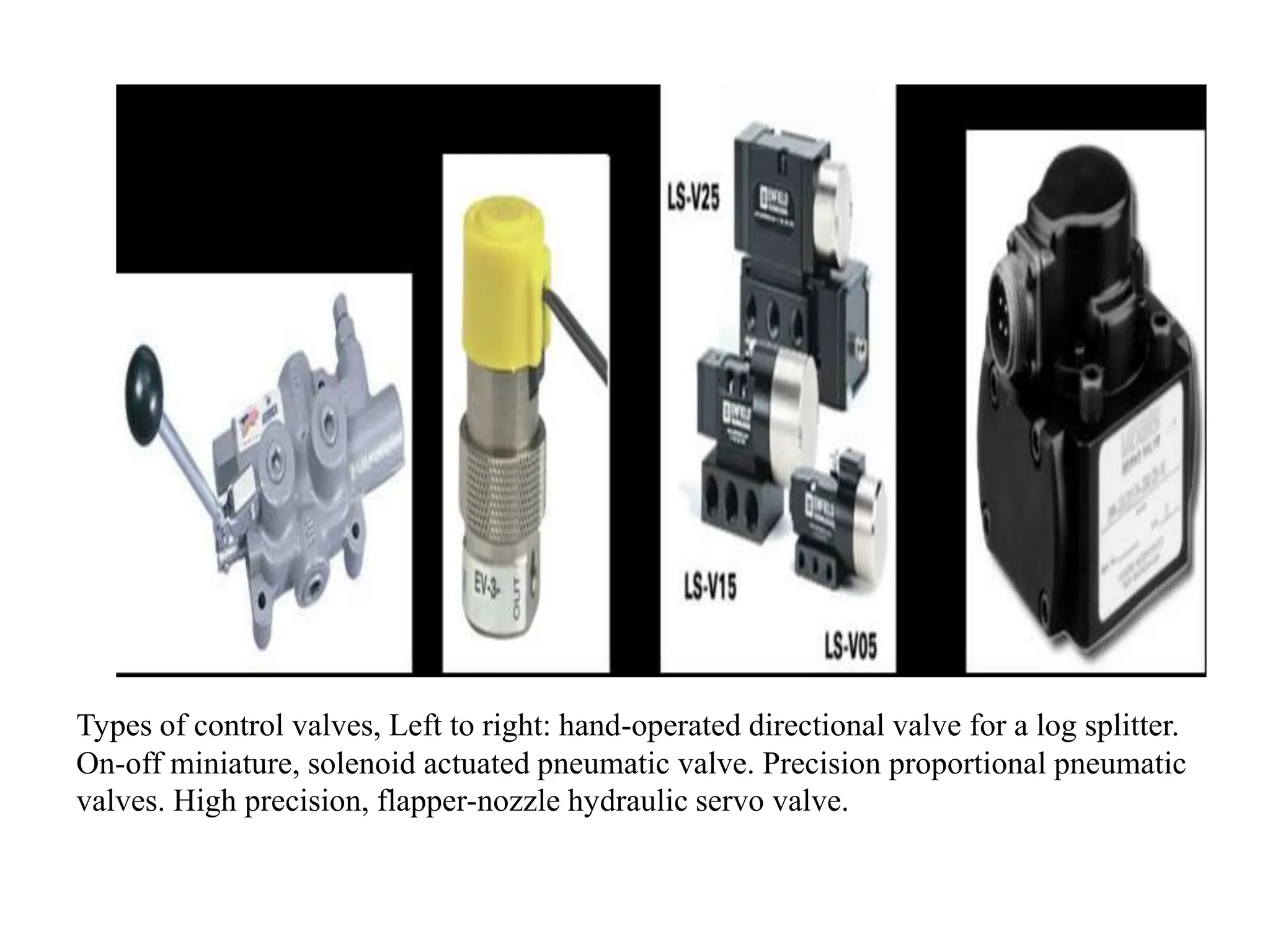 Types of control valves, Left to right: hand-operated directional valve for a log splitter.
On-off miniature, solenoid actuated pneumatic valve. Precision proportional pneumatic
valves. High precision, flapper-nozzle hydraulic servo valve.
 