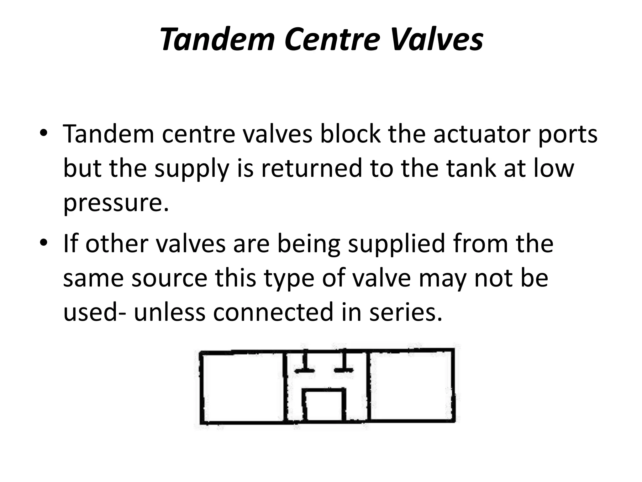 Tandem Centre Valves
• Tandem centre valves block the actuator ports
but the supply is returned to the tank at low
pressure.
• If other valves are being supplied from the
same source this type of valve may not be
used- unless connected in series.
 