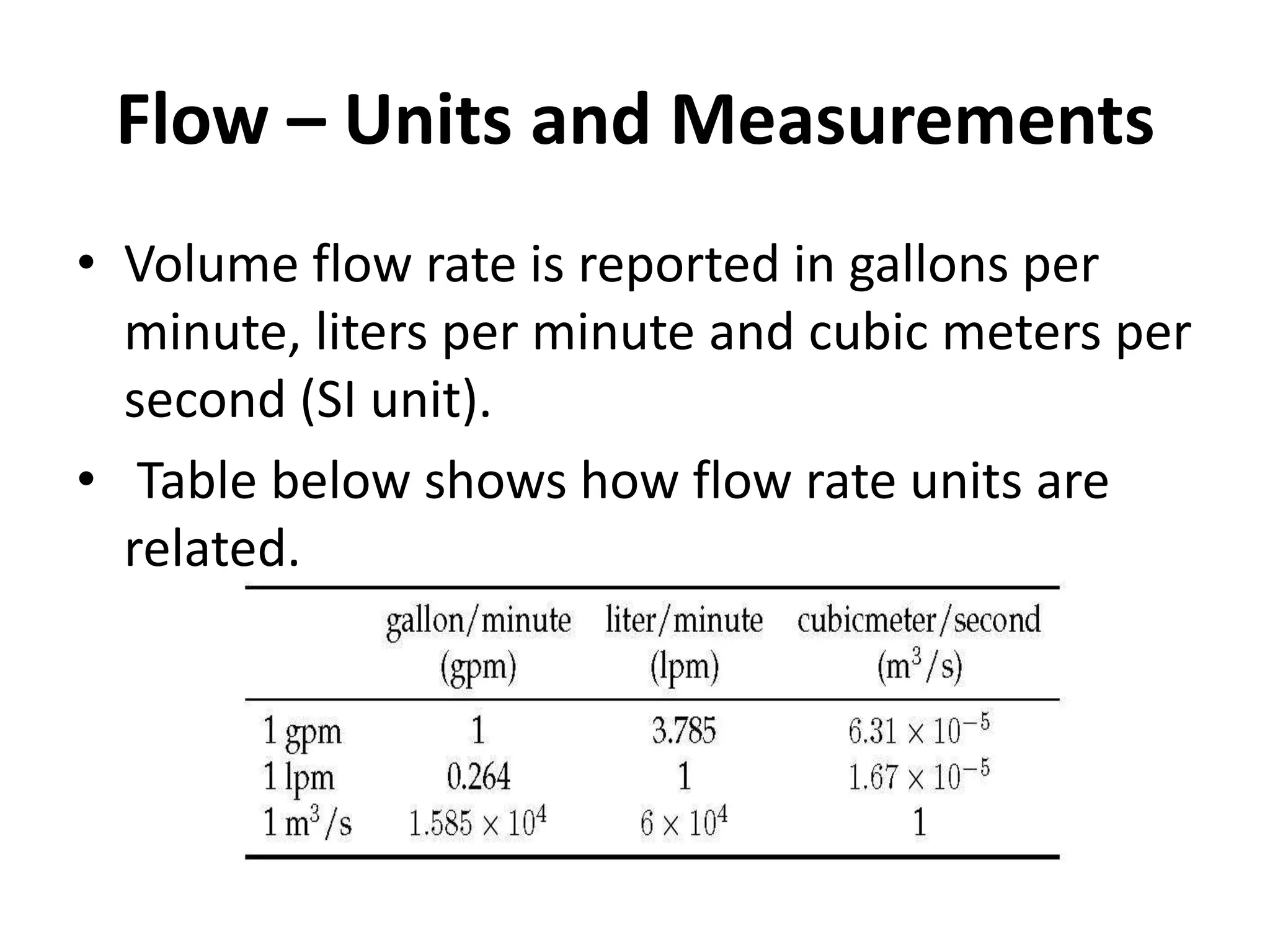 Flow – Units and Measurements
• Volume flow rate is reported in gallons per
minute, liters per minute and cubic meters per
second (SI unit).
• Table below shows how flow rate units are
related.
 